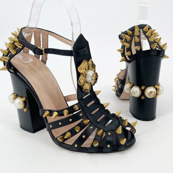 Gucci Black Leather Kendall Studded Pearl Embellished Cage Block Heels EU 39 - Picture 2 of 16
